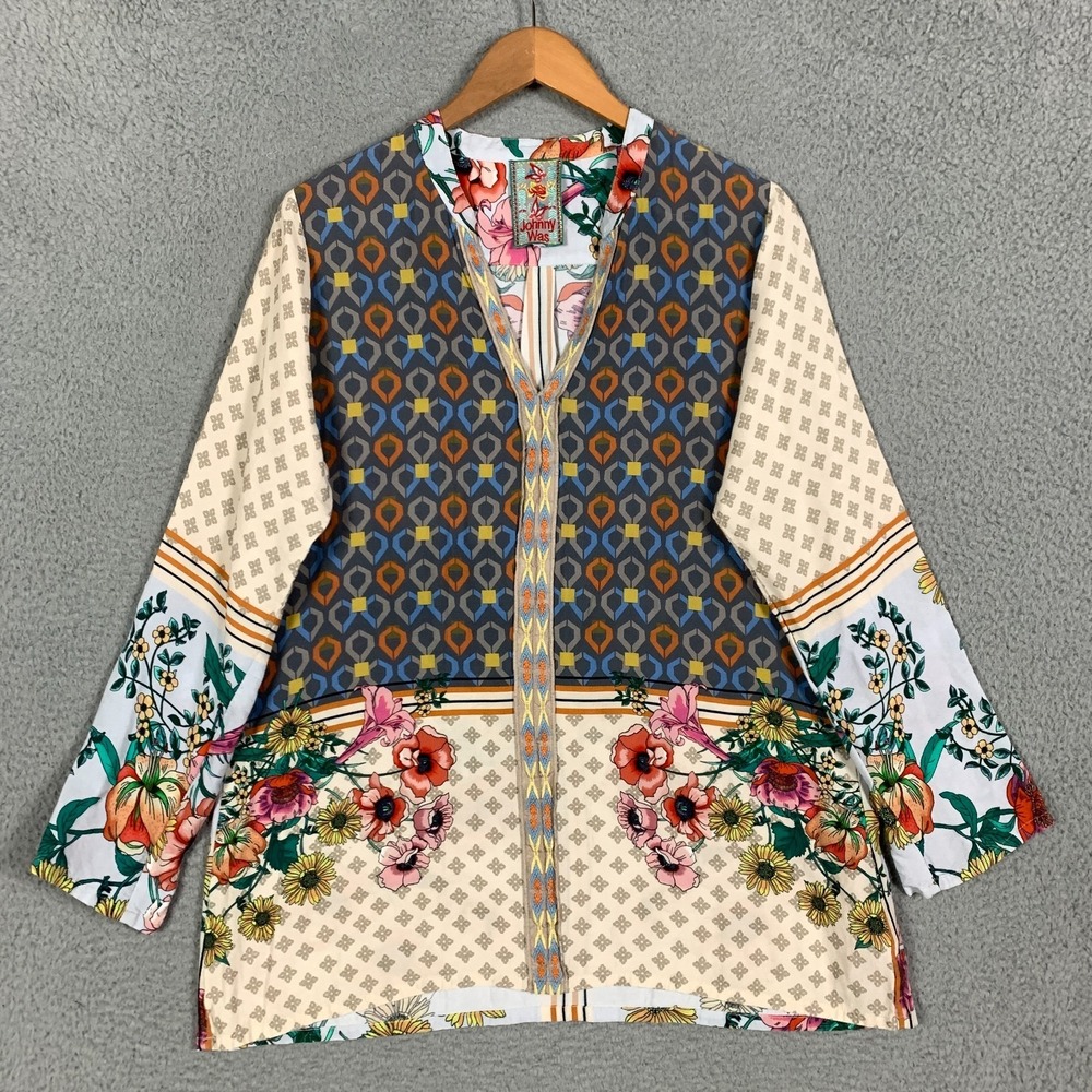 Johnny Was Becca Blouse Womens XL Floral Scarf Print V-Neck Embroidered Tunic - Picture 3 of 10